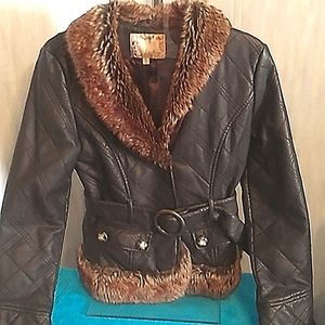 Daytrip Medium Black Vinyl Jacket wit Faux Fur